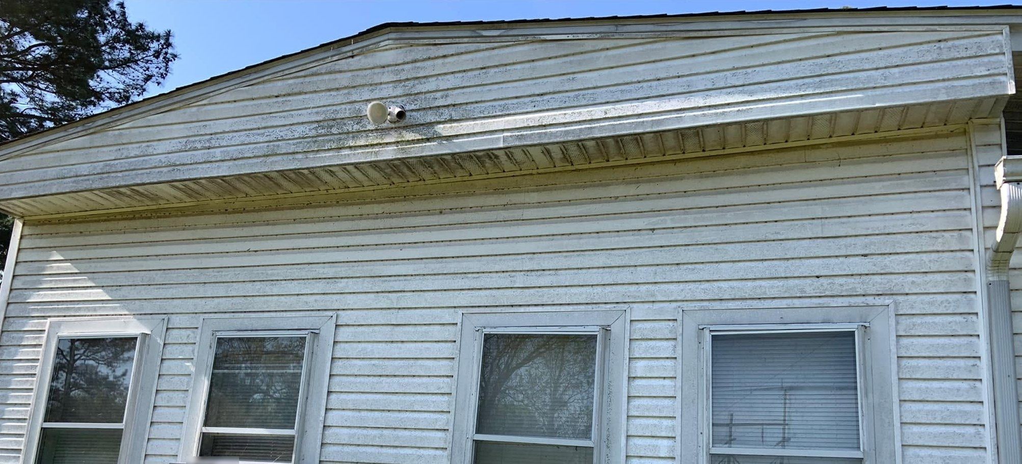 White vinyl wall with four windows and dark mildew under the eave