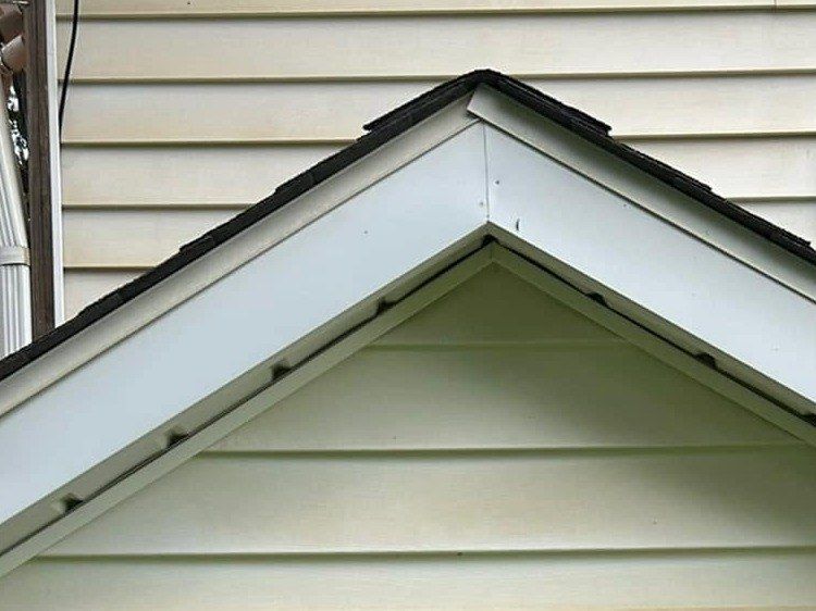 Small gable over a cellar entry, white trim and siding dingy and yellowed before washing