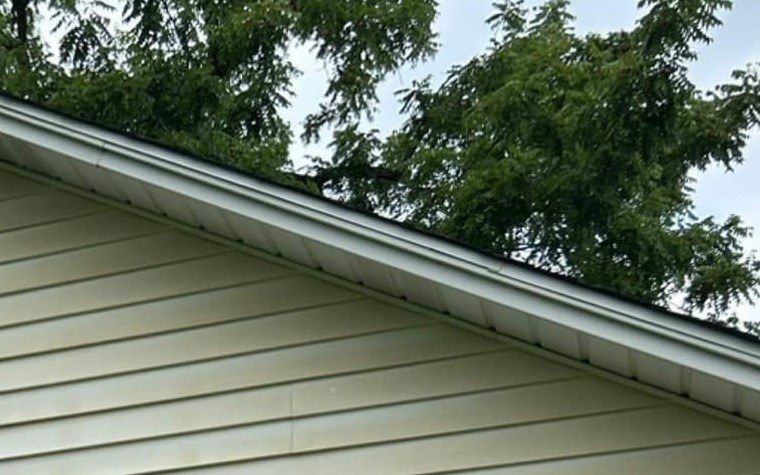 White vinyl gable siding under the roof edge, yellowed before soft washing