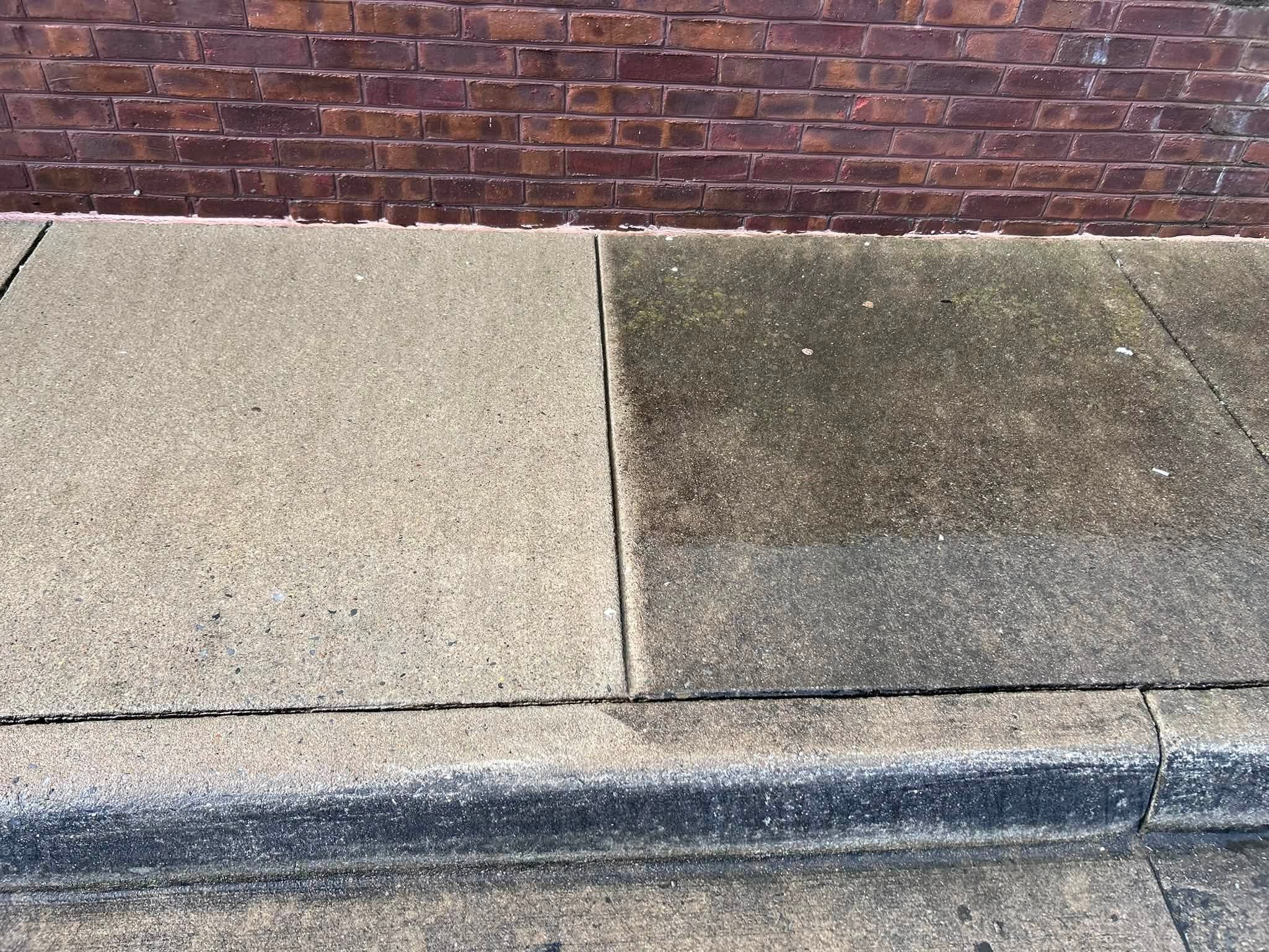 Concrete sidewalk along a brick wall, the left panel washed to light gray and the right panel still dark with algae