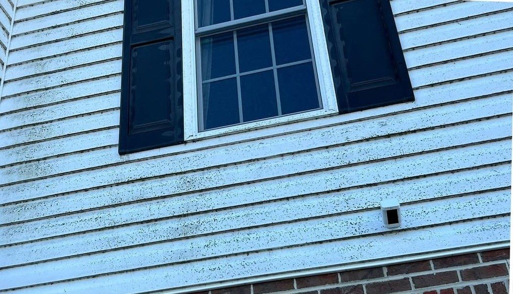 White siding under a shuttered window, speckled with black mildew